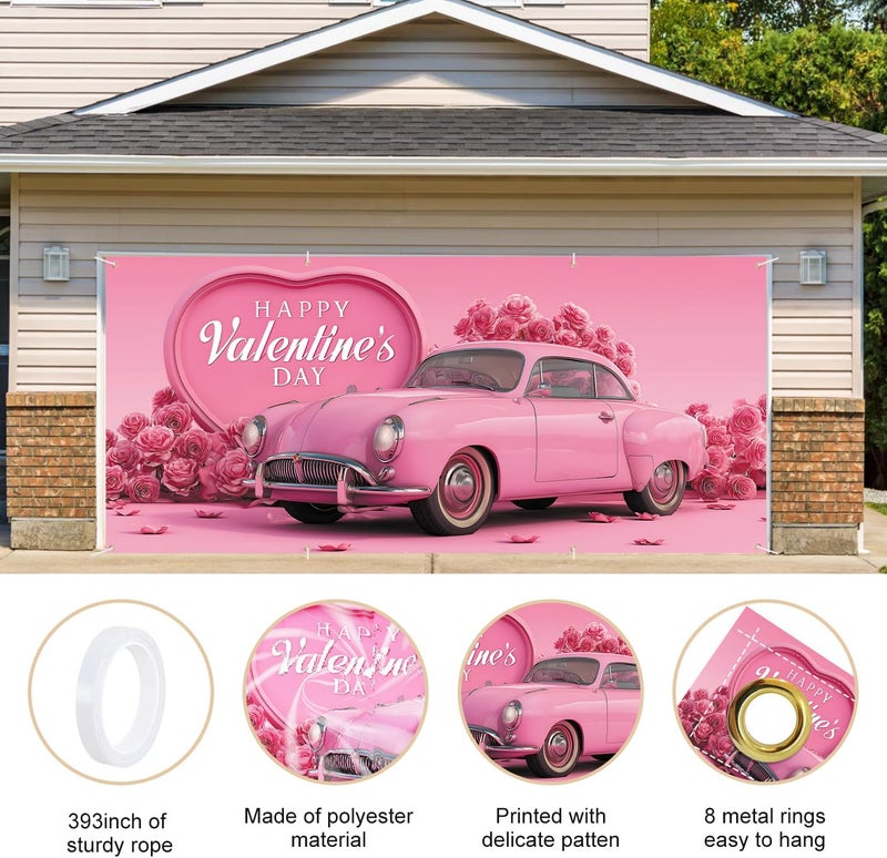 ANNA QUEEN Valentine’s Day Garage Door Banner 6x13FT, Pink Vintage Car and Rose Heart Garage Door Cover, Romantic Outdoor Decoration for Garage Doors, Yard & Love Theme Party Backdrop - Image 4